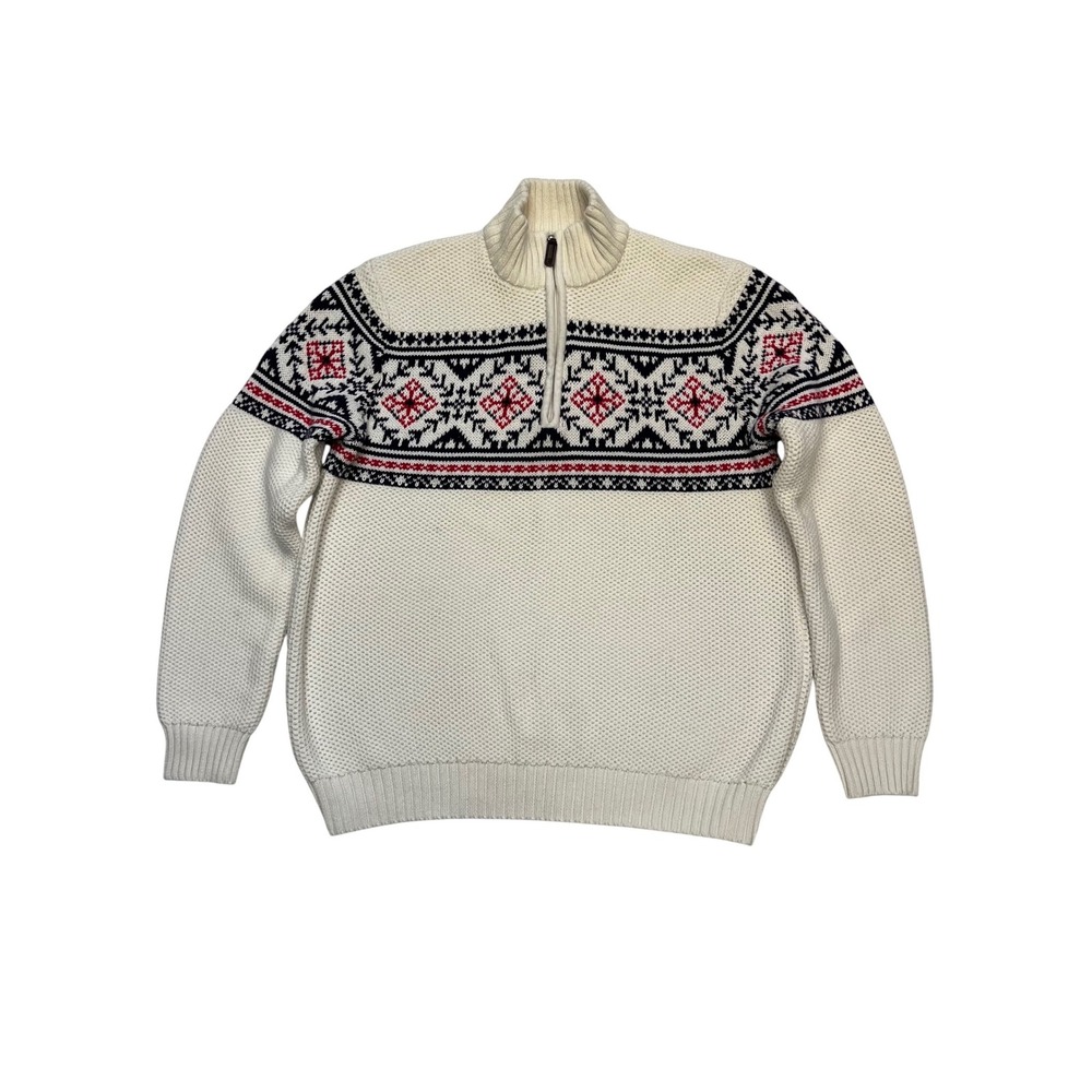 Izod White Black Red Fair Isle Nordic Knit Cotton Quarter Zip Sweater Size L
